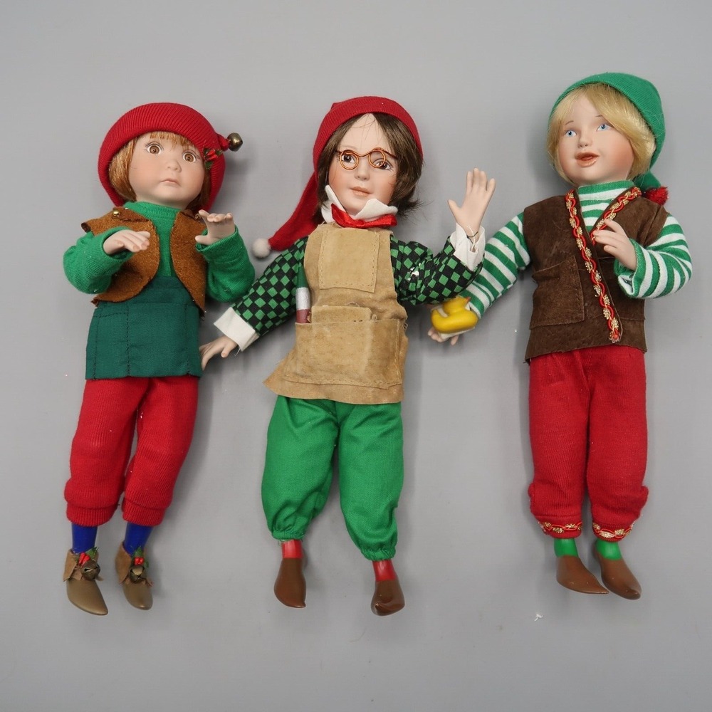 Vintage CHRISTMAS ELF elves Doll Porcelain by Patricia Rose Lot of 3